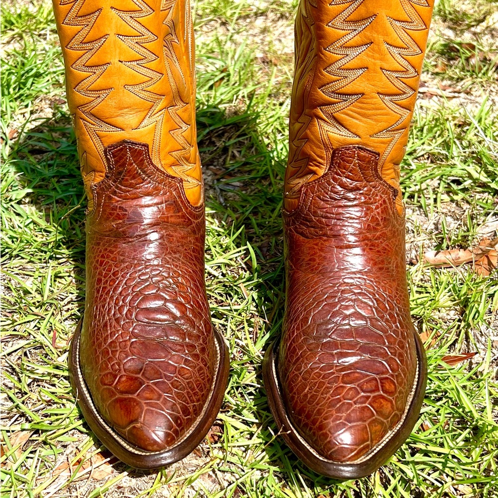 1970s VINTAGE DAN POST RARE EXOTIC WESTERN BOOTS SIZE 9 D BROWN TAN ALLIGATOR?